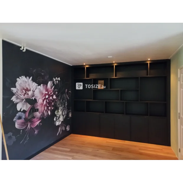 Black cupboard wall with doors and open compartments