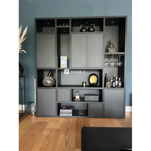 Black cupboard wall with doors and open compartments