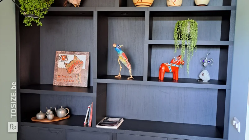 A custom-made black oak TOSIZE Furniture Shelving unit, by Thera and Alex