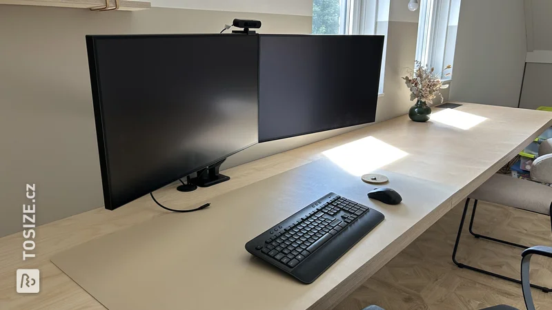 Large, floating birch plywood desk for 4 people, by Tim