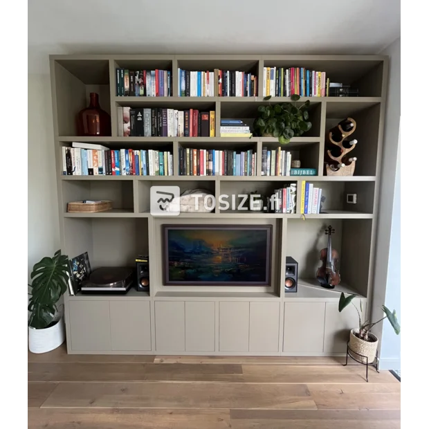 Cream cupboard wall with open compartments and doors