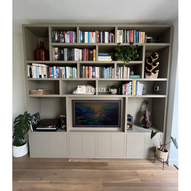 Cream cupboard wall with open compartments and doors