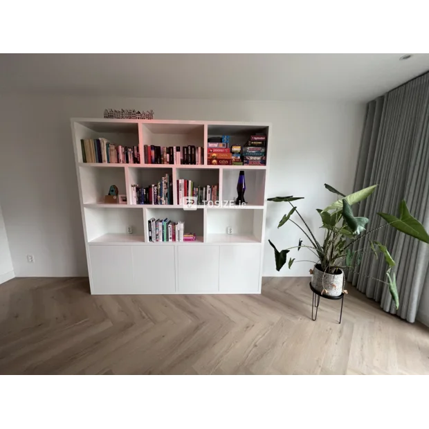 White bookcase with open shelves and doors