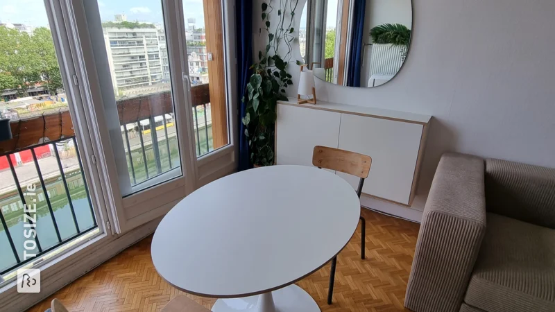 Birch plywood panels at IKEA Best Furniture and matching oval table top, by Edouard