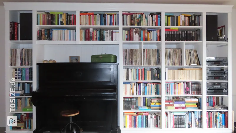 Homemade pine bookcase with piano, by Dirk-Jan