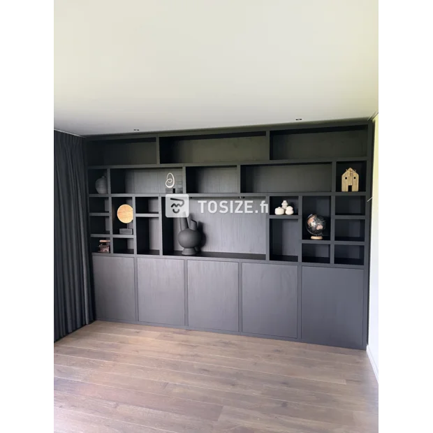 Black cupboard wall with doors and open compartments