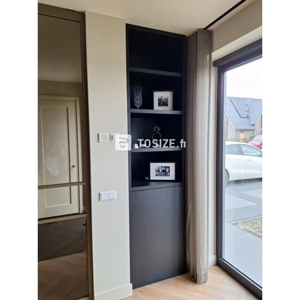 Black cabinets with doors and open compartments