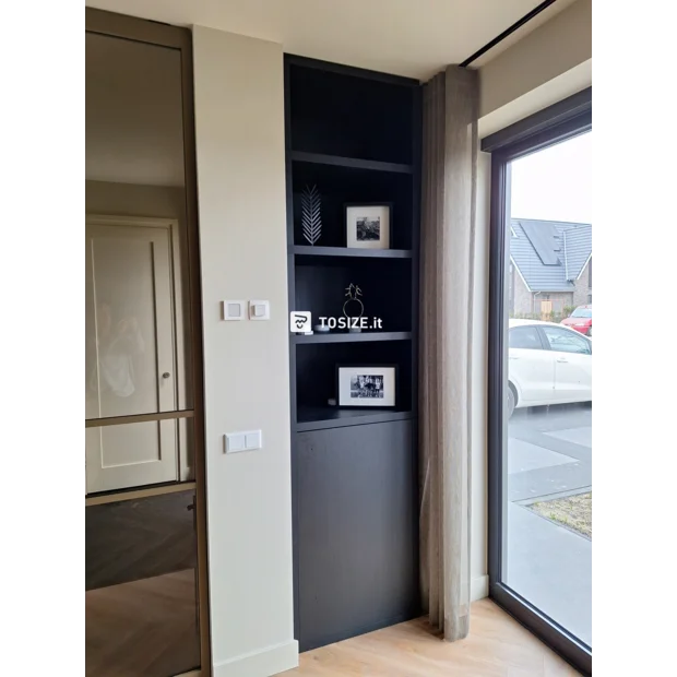 Black cabinets with doors and open compartments