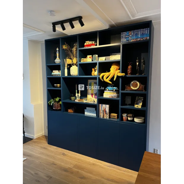 Blue cupboard wall with open compartments and doors