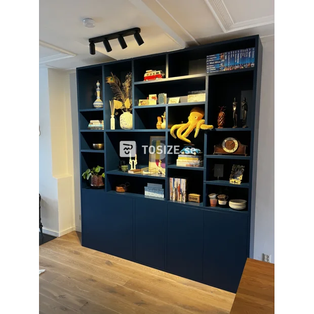 Blue cupboard wall with open compartments and doors