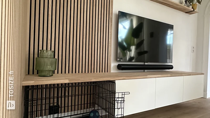 IKEA BESTA TV cabinet with oak overlap panel for dog crate, by Roel