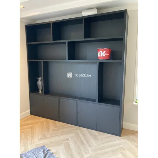 Black sideboard with open compartments and doors