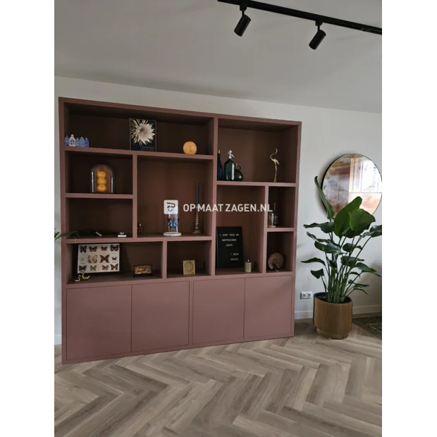 Red sideboard with doors and open compartments