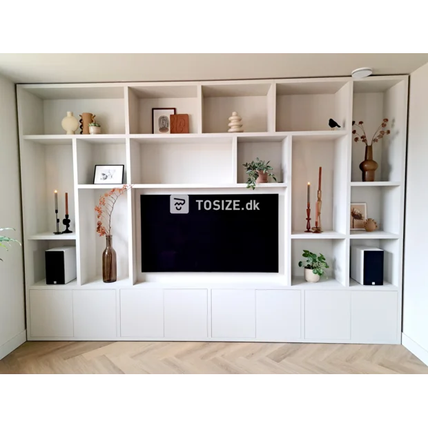 White cupboard wall with doors and open compartments