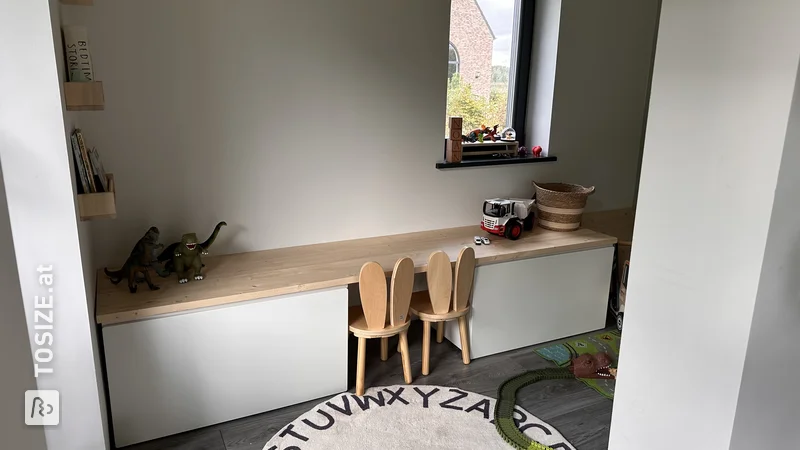 A homemade toddler desk with custom pine wood panel, by Sylvia 