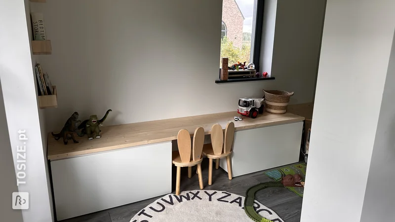 A homemade toddler desk with custom pine wood panel, by Sylvia 