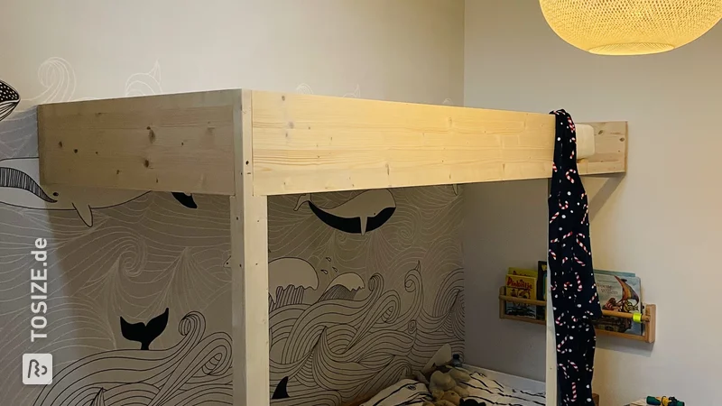 Make your own loft bed for a child from pine wood paneling, by Fenna