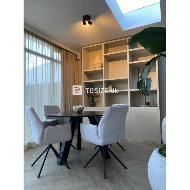 Light (wood) cupboard wall with open compartments and doors