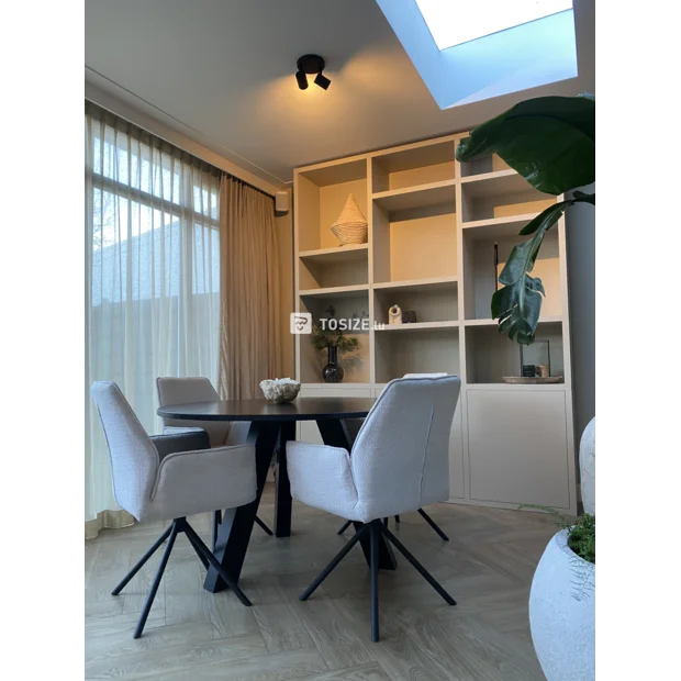 Light (wood) cupboard wall with open compartments and doors