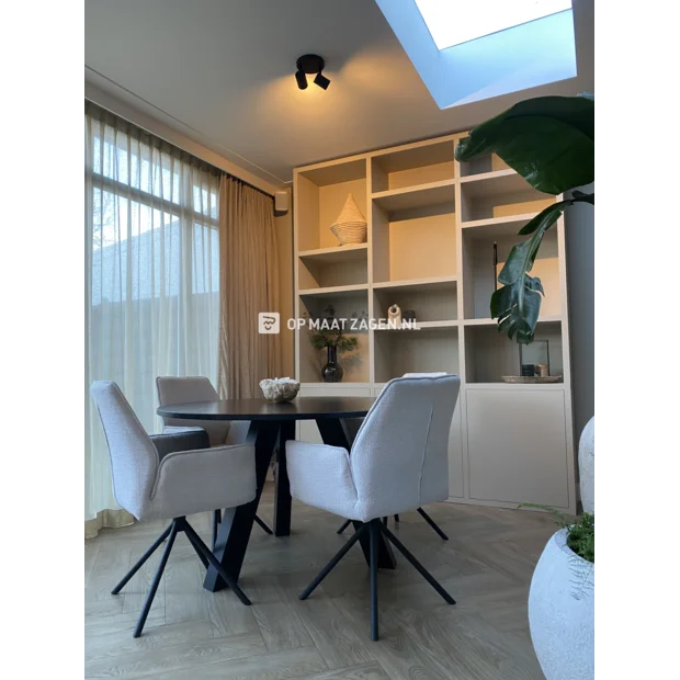 Light (wood) cupboard wall with open compartments and doors