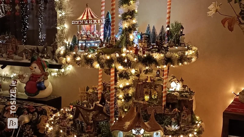 Homemade Christmas tree with Christmas village made of custom-sawn MDF, by Fien