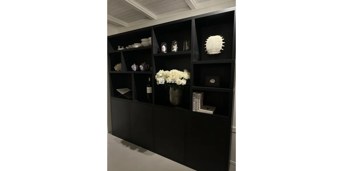 Custommade shelving unit made of black oak furniture panel, by Romy