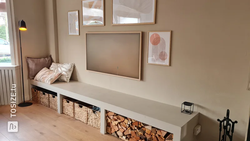 Homemade TV cabinet from pine wood panel, by Marijn