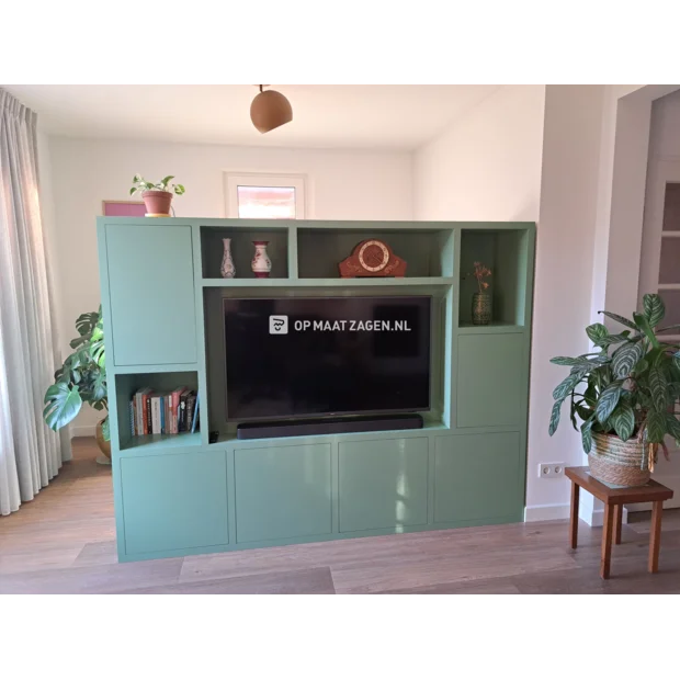 Green cupboard wall with open compartments and doors