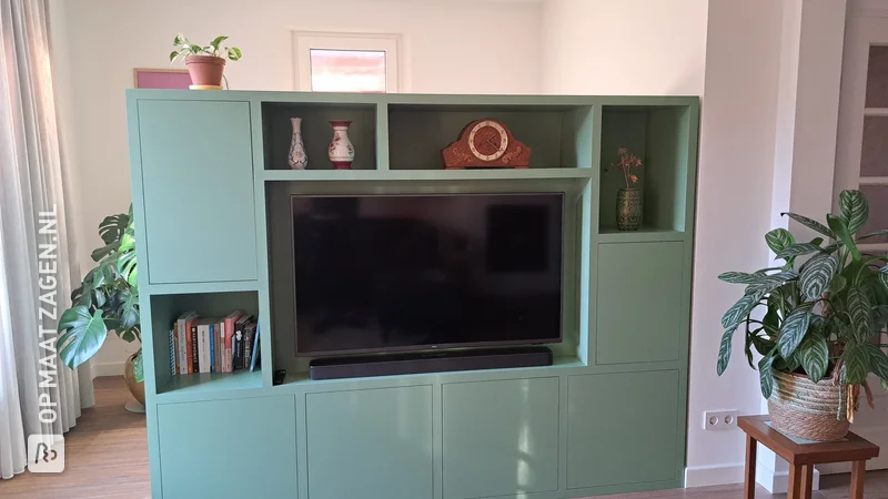Self-painted green TV furniture as a room divider with TOSIZE Furniture, by Sylvie