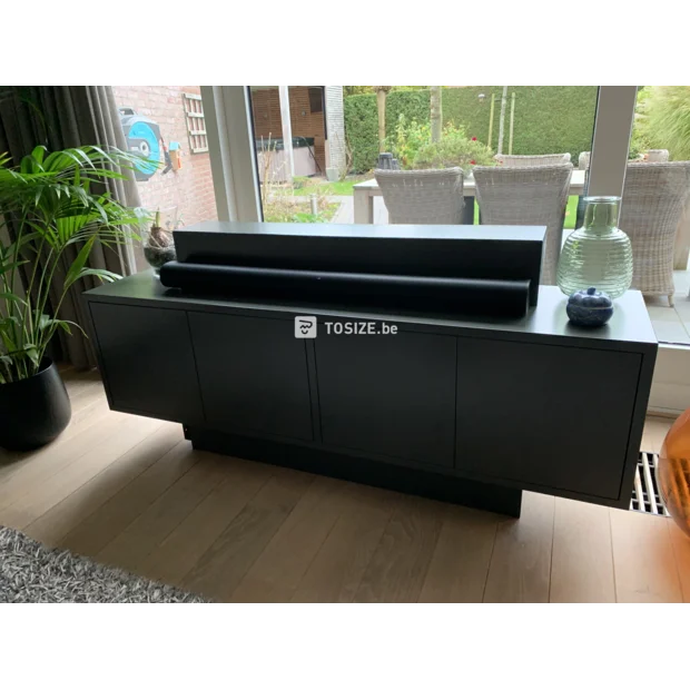 Black sideboard with doors and open compartments