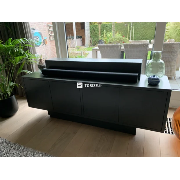 Black sideboard with doors and open compartments