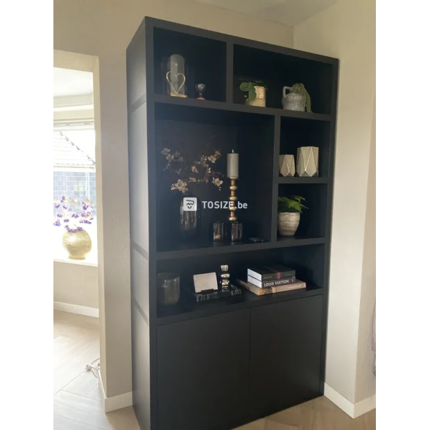 Black sideboard with doors and open compartments