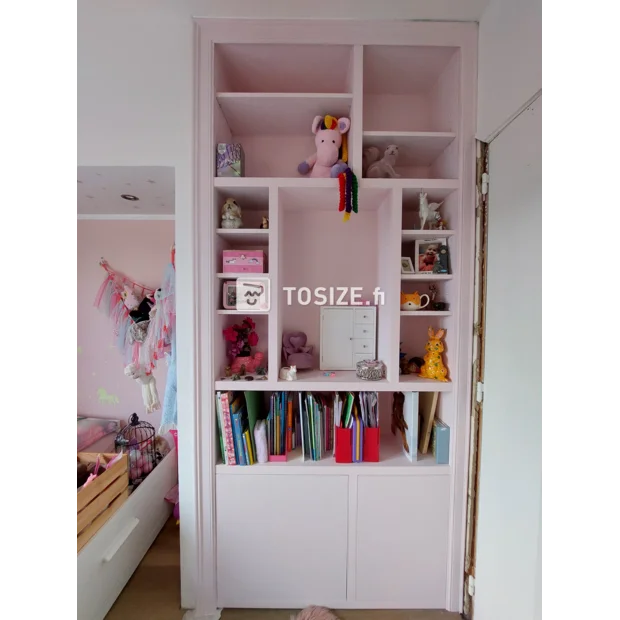 Pink cupboard wall with open compartments and shelves