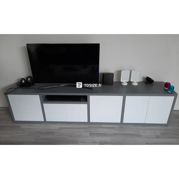 White TV cabinet with open compartments and doors