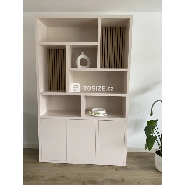 Cream cupboard wall with open compartments and doors