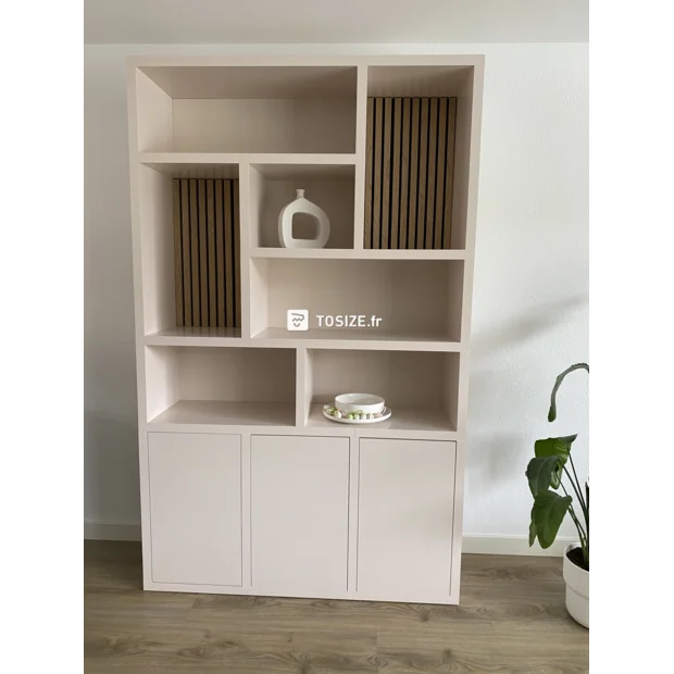 Cream cupboard wall with open compartments and doors