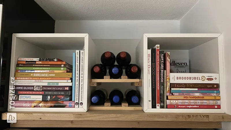 Shelf above American refrigerator made of custom sawn oak wood panel, by Walter