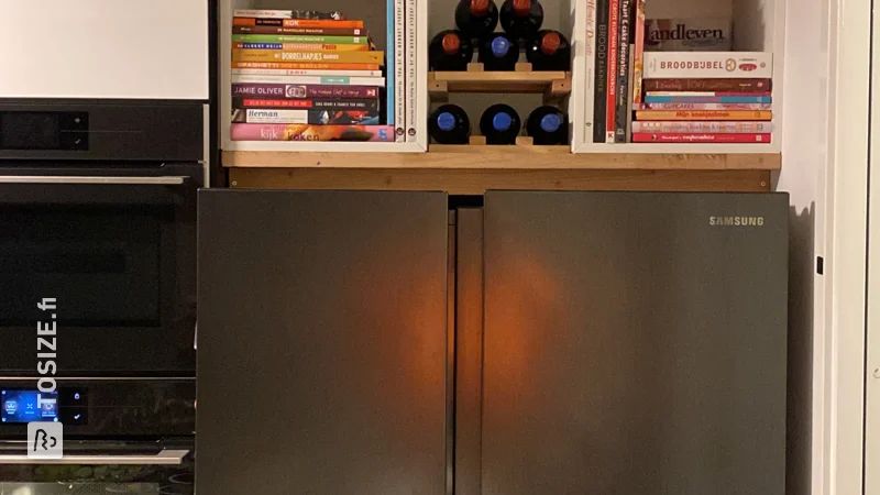 Shelf above American refrigerator made of custom sawn oak wood panel, by Walter