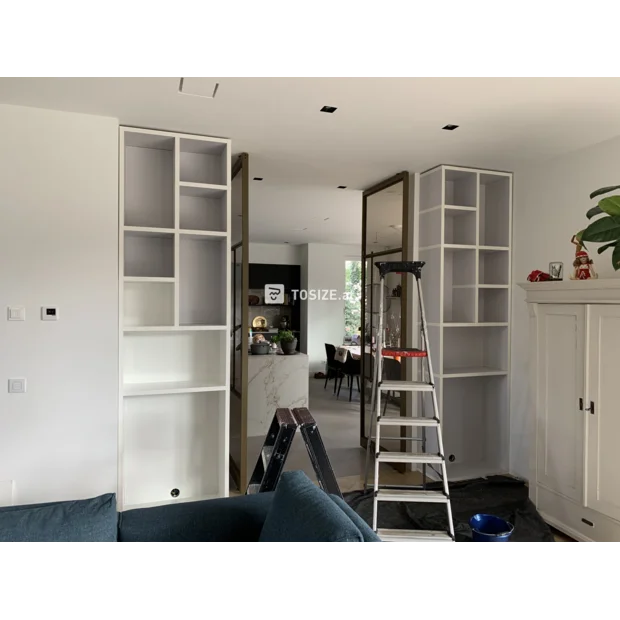 White bookcase with doors and open compartments