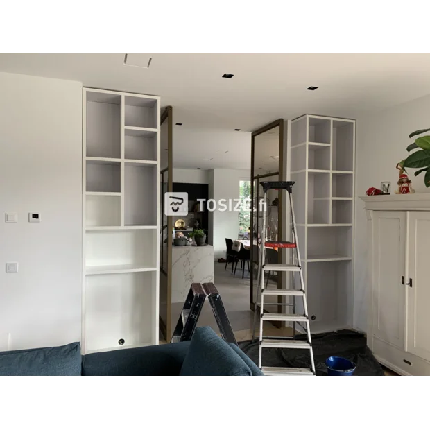 White bookcase with doors and open compartments