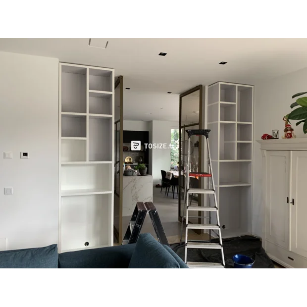 White bookcase with doors and open compartments