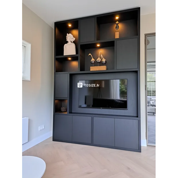 Black cupboard wall with open compartments and doors