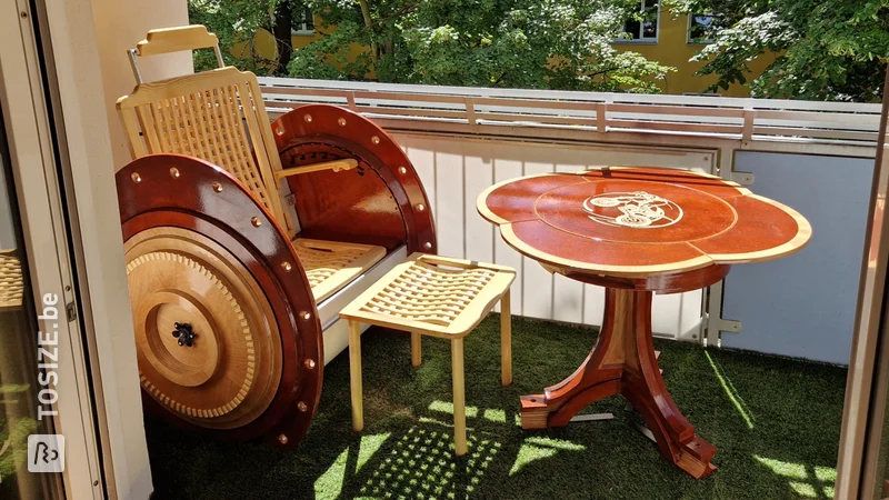 Unique engine piston table and hub chair creations for the balcony, by Sylvio