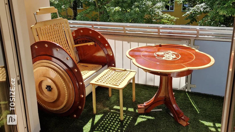 Unique engine piston table and hub chair creations for the balcony, by Sylvio