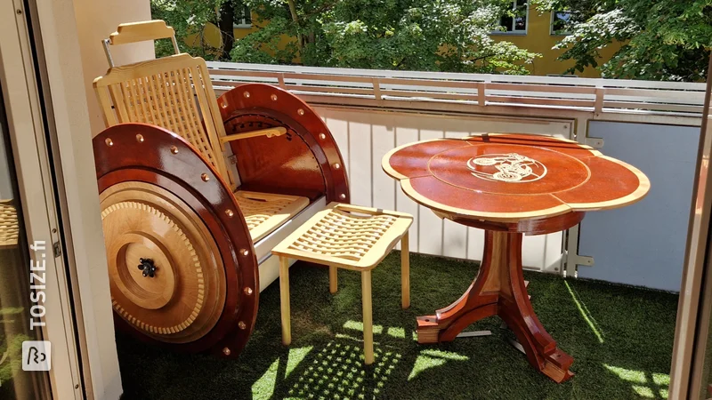 Unique engine piston table and hub chair creations for the balcony, by Sylvio