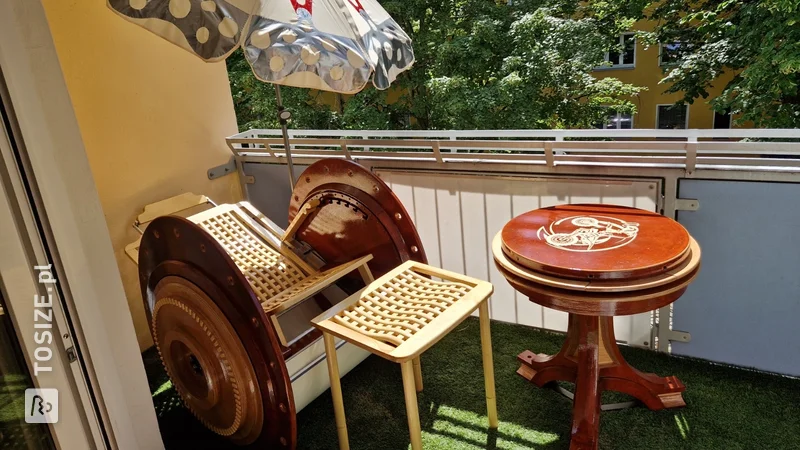 Unique engine piston table and hub chair creations for the balcony, by Sylvio