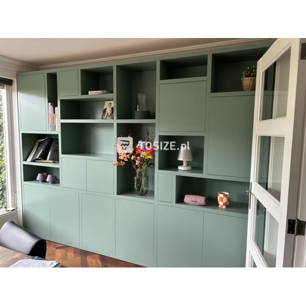 Green cupboard wall with doors and open compartments