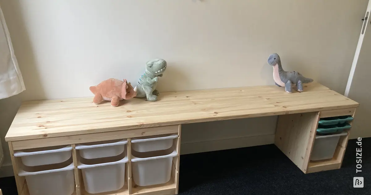Children's desk with custom sawn pine carpentry panel and Ikea