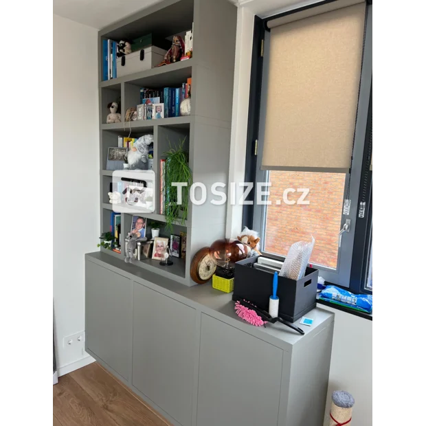 Gray cupboard wall with open compartments and doors