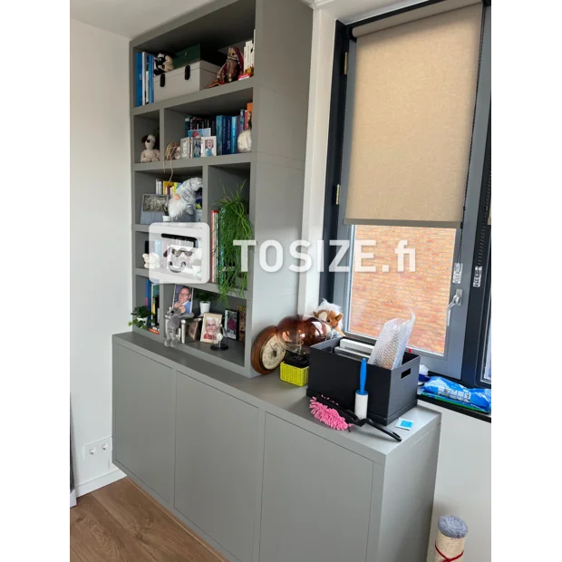 Gray cupboard wall with open compartments and doors